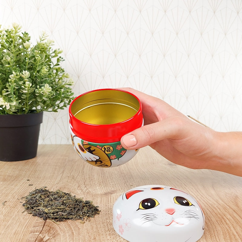 Caixa de chá de metal branco Maneki Neko