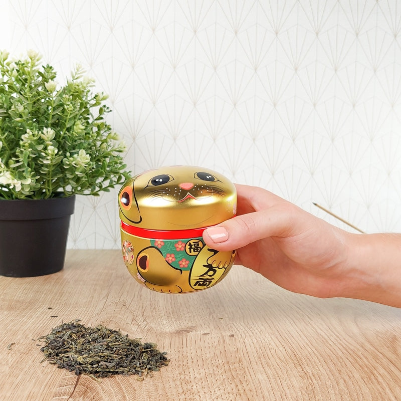 Caixa de chá de metal dourado Maneki Neko
