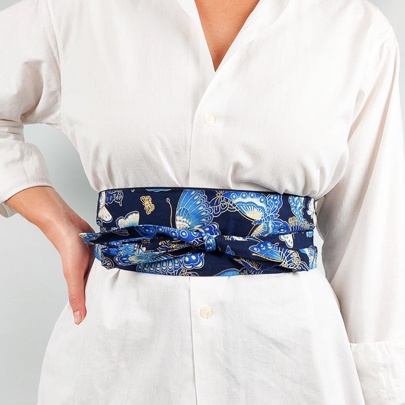 Ceinture Obi Bleu Marine Motif Papillons - S