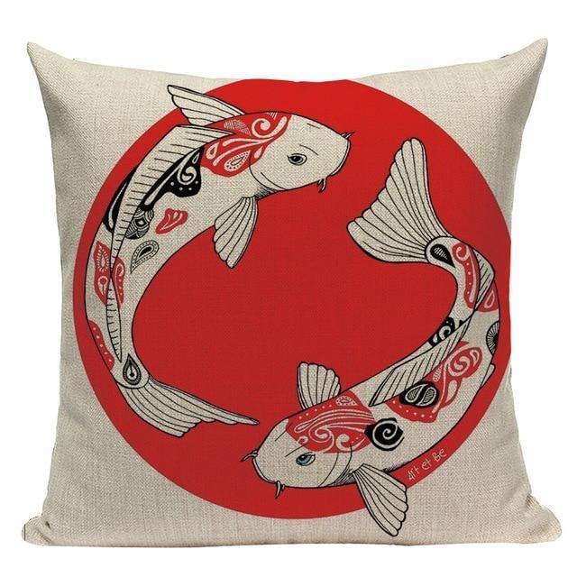 Housse de Coussin Style Japonais - Carpes Koï