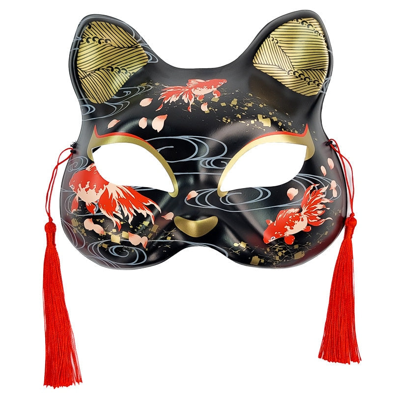 Máscara de gato japonês preto e vermelho