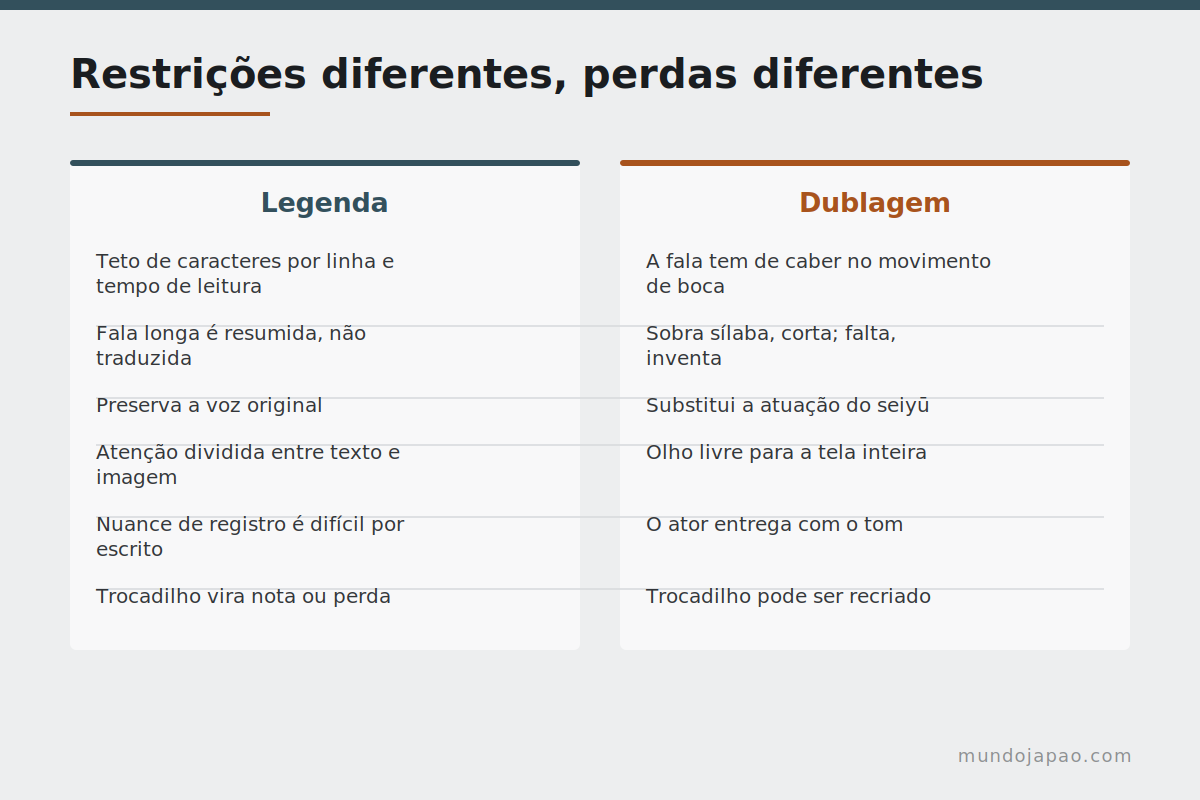 O que cada modalidade sacrifica As restrições técnicas de legenda e de dublagem lado a lado