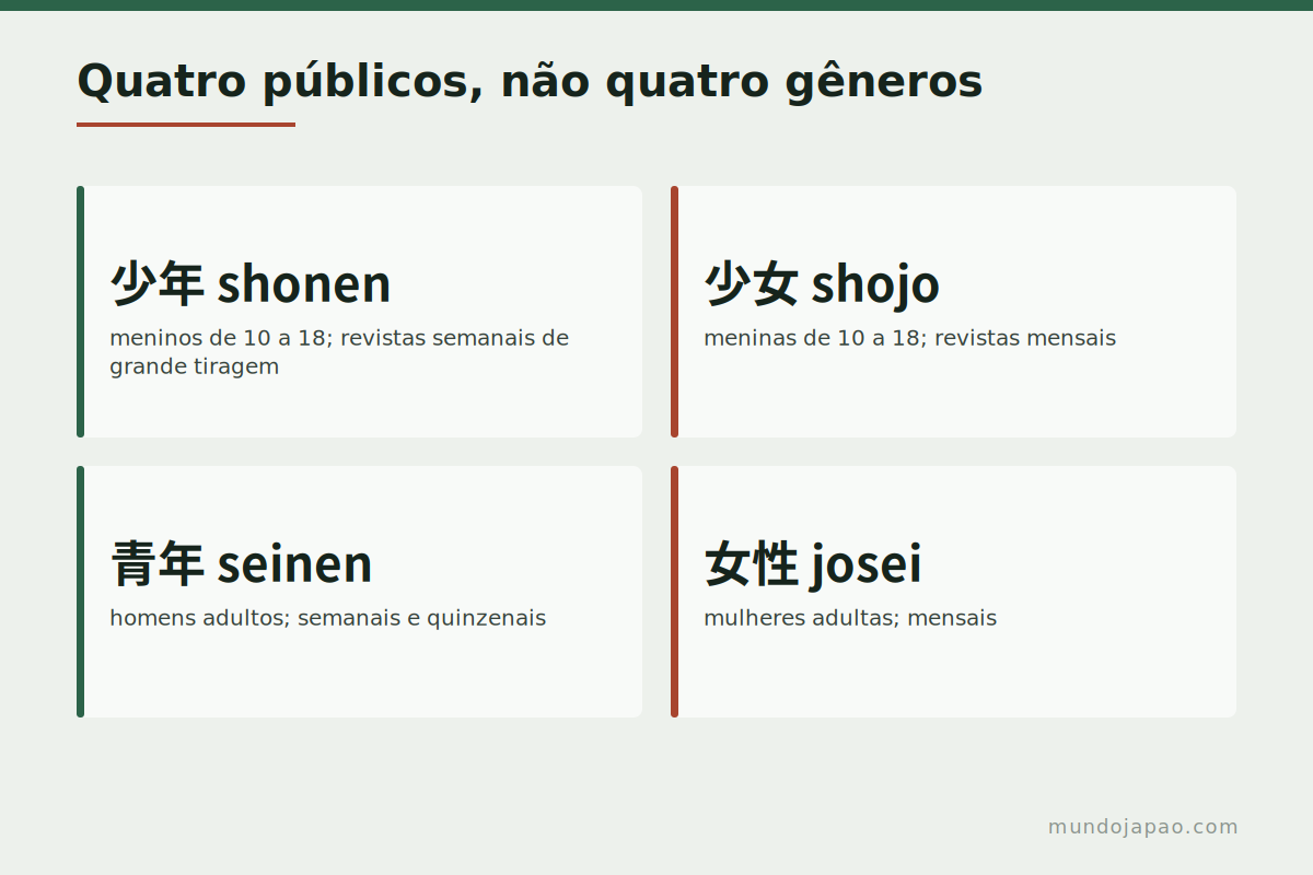Quatro públicos, não quatro gêneros As quatro categorias demográficas do mangá japonês